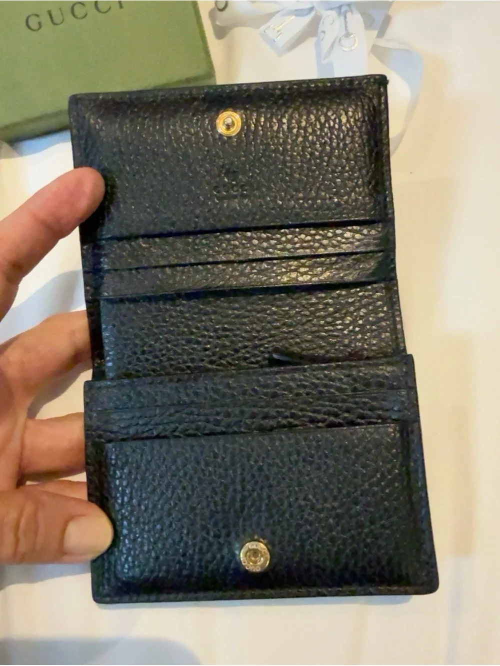 Gucci Beige GG Canvas and Black Leather Card Holder with Gold Double G